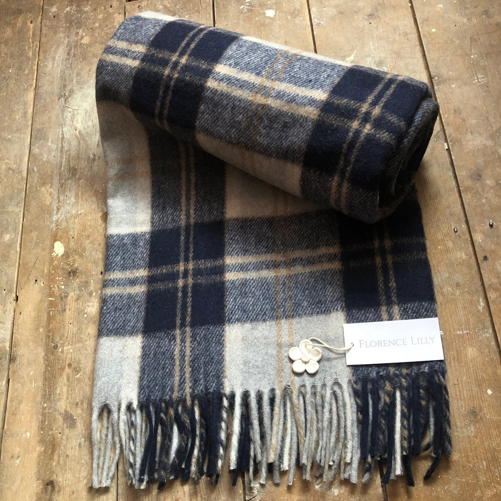 Bannockbane Silver/Dark Navy Tartan Recycled Wool Blanket/Throw by Florence Lilly