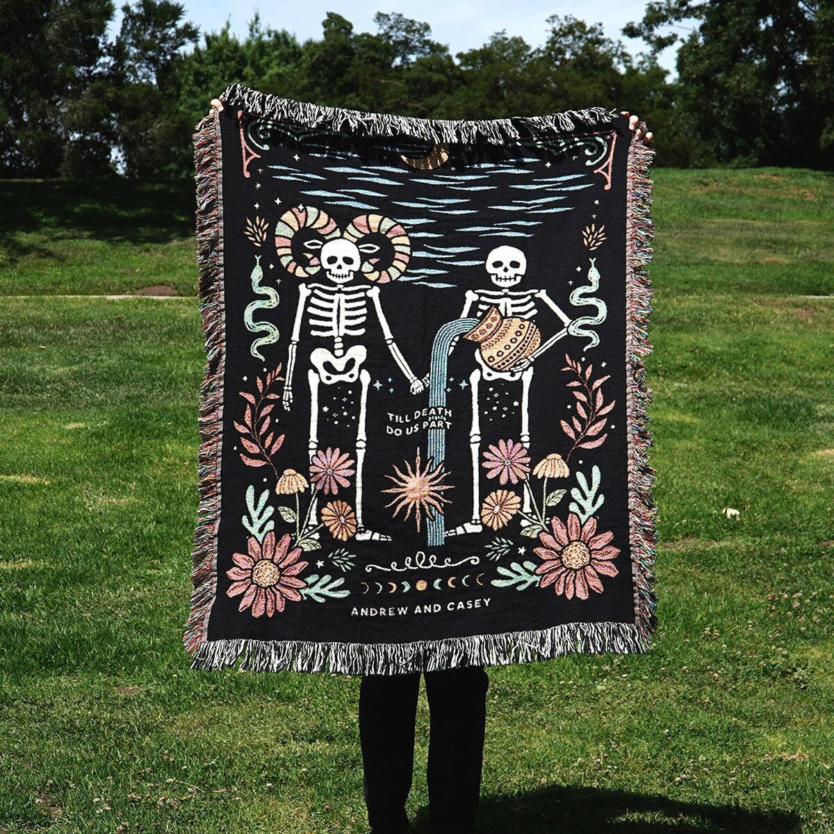 New Custom Couple Personalized Zodiac Skeleton Woven Blanket For Couples | Custom Astrology Couple Gifts Zodiac Couple Gifts With Skeletons