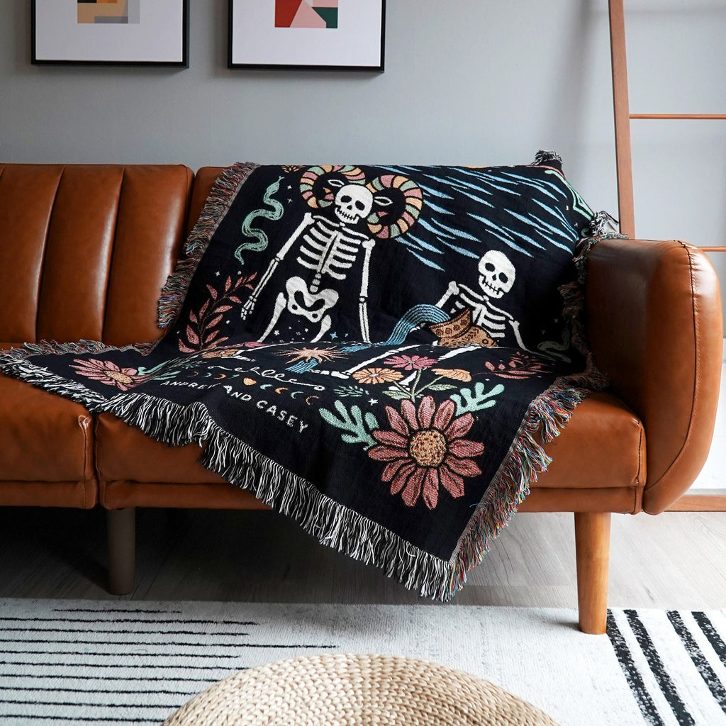 New Custom Couple Personalized Zodiac Skeleton Woven Blanket For Couples | Custom Astrology Couple Gifts Zodiac Couple Gifts With Skeletons