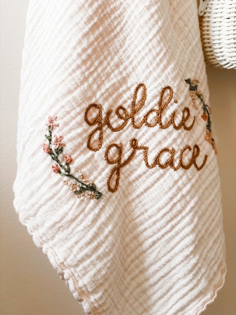 Personalized Hand Embroidered Baby Swaddle Blanket with Name and Floral Spray - Cotton Muslin