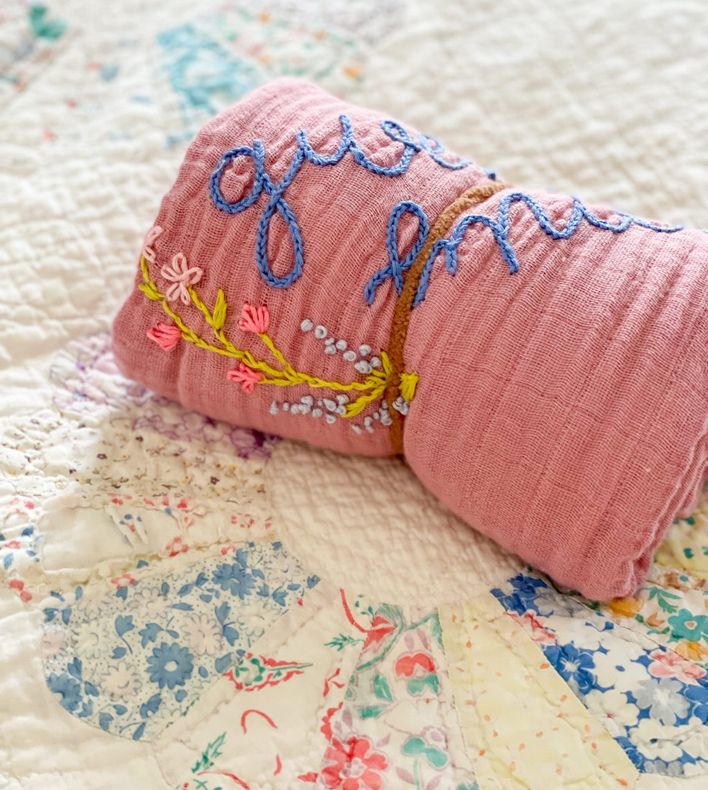 Personalized Hand Embroidered Baby Swaddle Blanket with Name and Floral Spray - Cotton Muslin