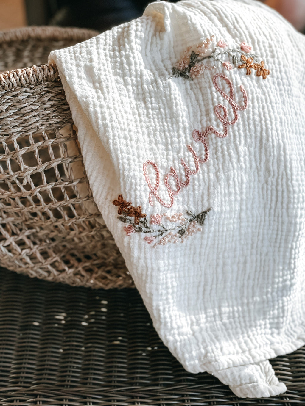 Personalized Hand Embroidered Baby Swaddle Blanket with Name and Floral Spray - Cotton Muslin