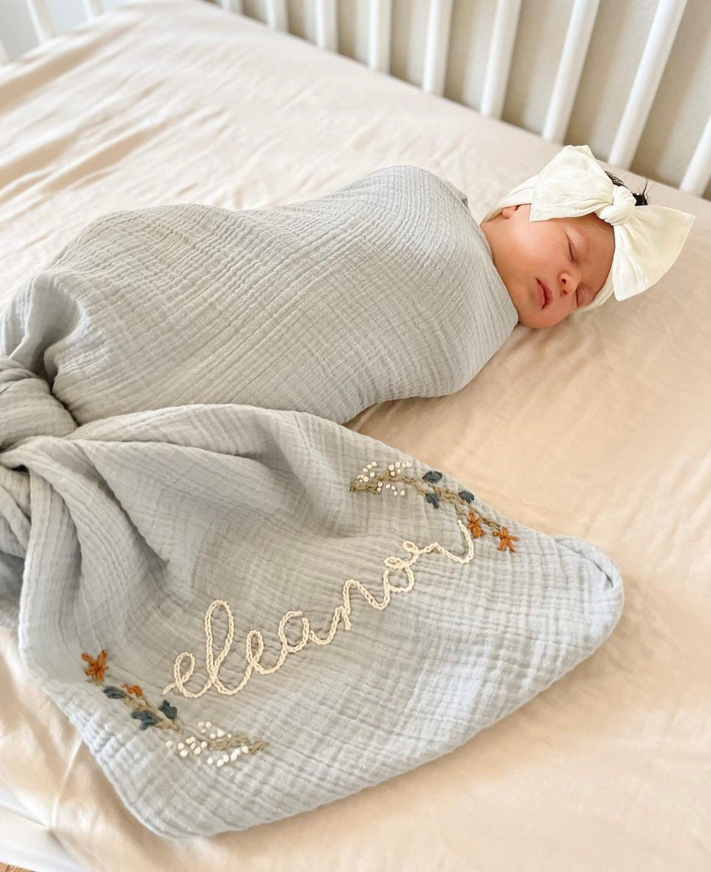 Personalized Hand Embroidered Baby Swaddle Blanket with Name and Floral Spray - Cotton Muslin