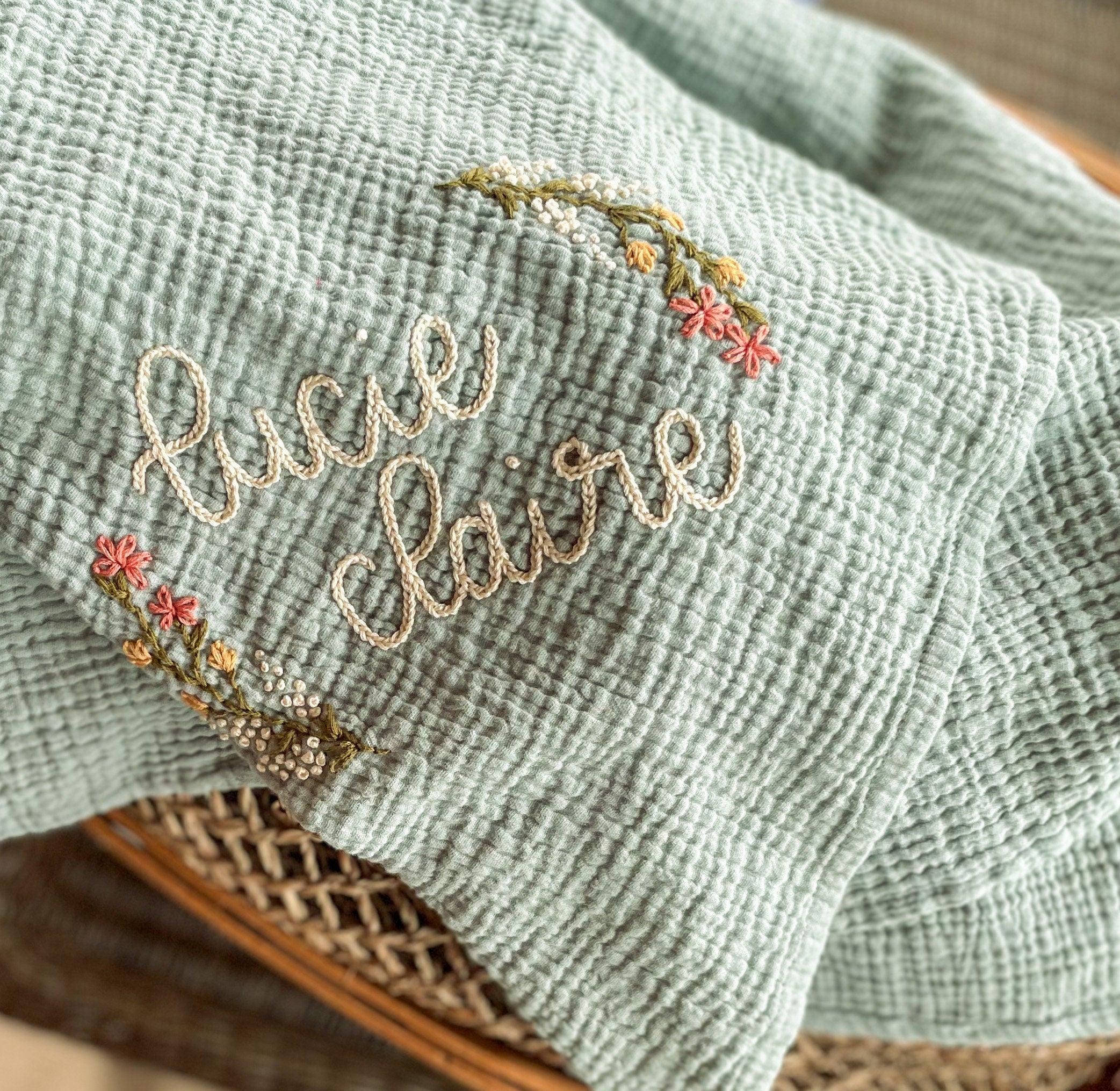 Personalized Hand Embroidered Baby Swaddle Blanket with Name and Floral Spray - Cotton Muslin