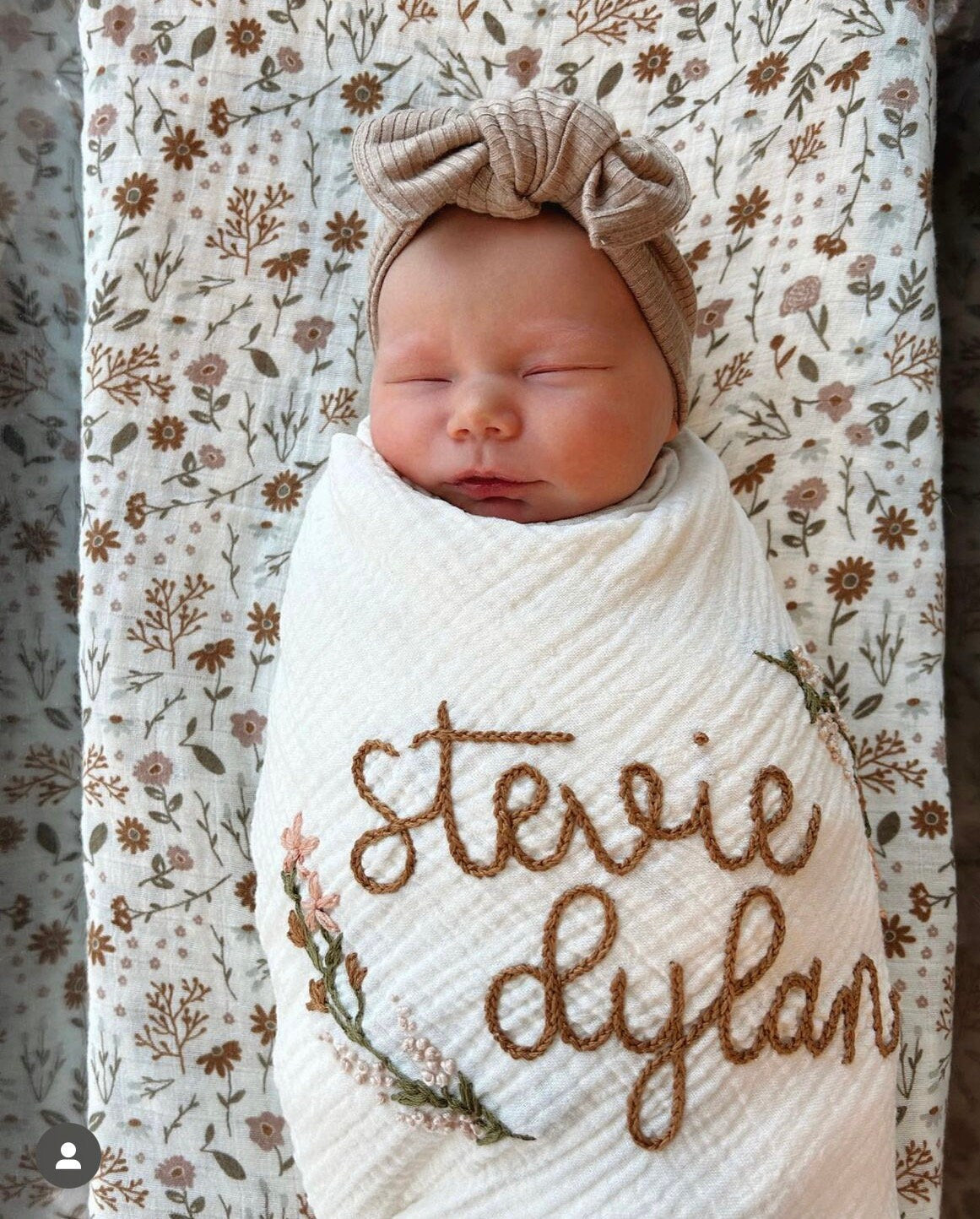 Personalized Hand Embroidered Baby Swaddle Blanket with Name and Floral Spray - Cotton Muslin