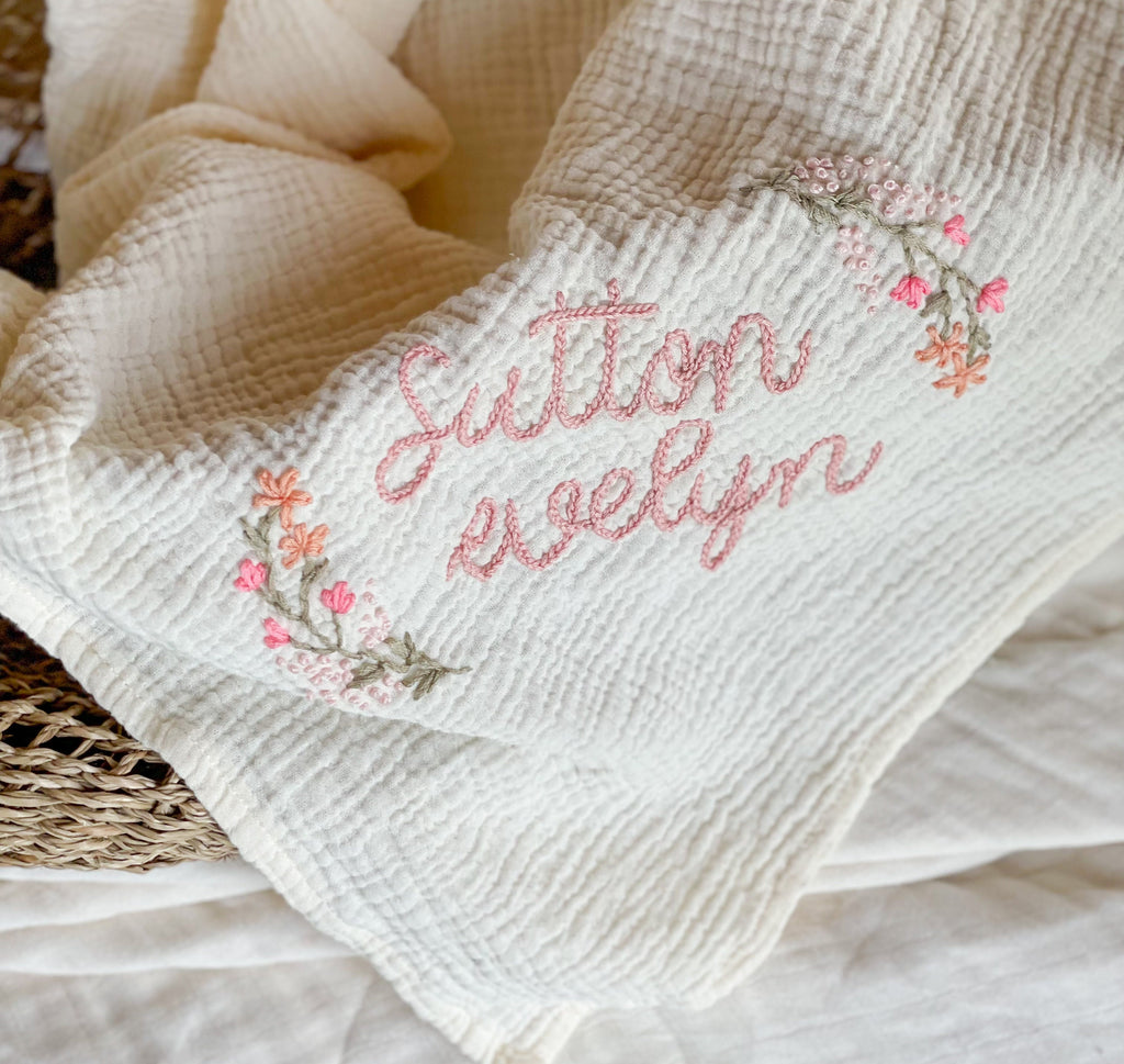 Personalized Hand Embroidered Baby Swaddle Blanket with Name and Floral Spray - Cotton Muslin