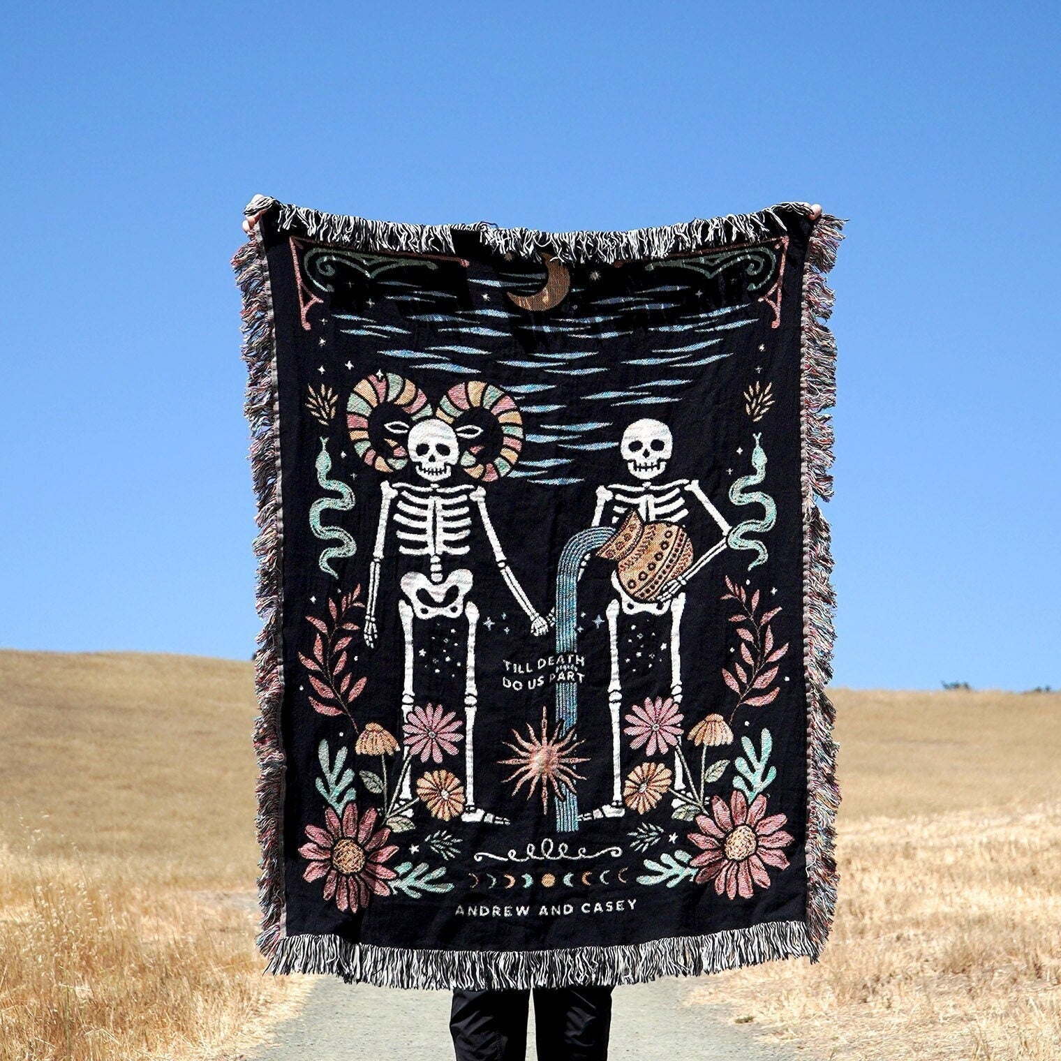 New Custom Couple Personalized Zodiac Skeleton Woven Blanket For Couples | Custom Astrology Couple Gifts Zodiac Couple Gifts With Skeletons