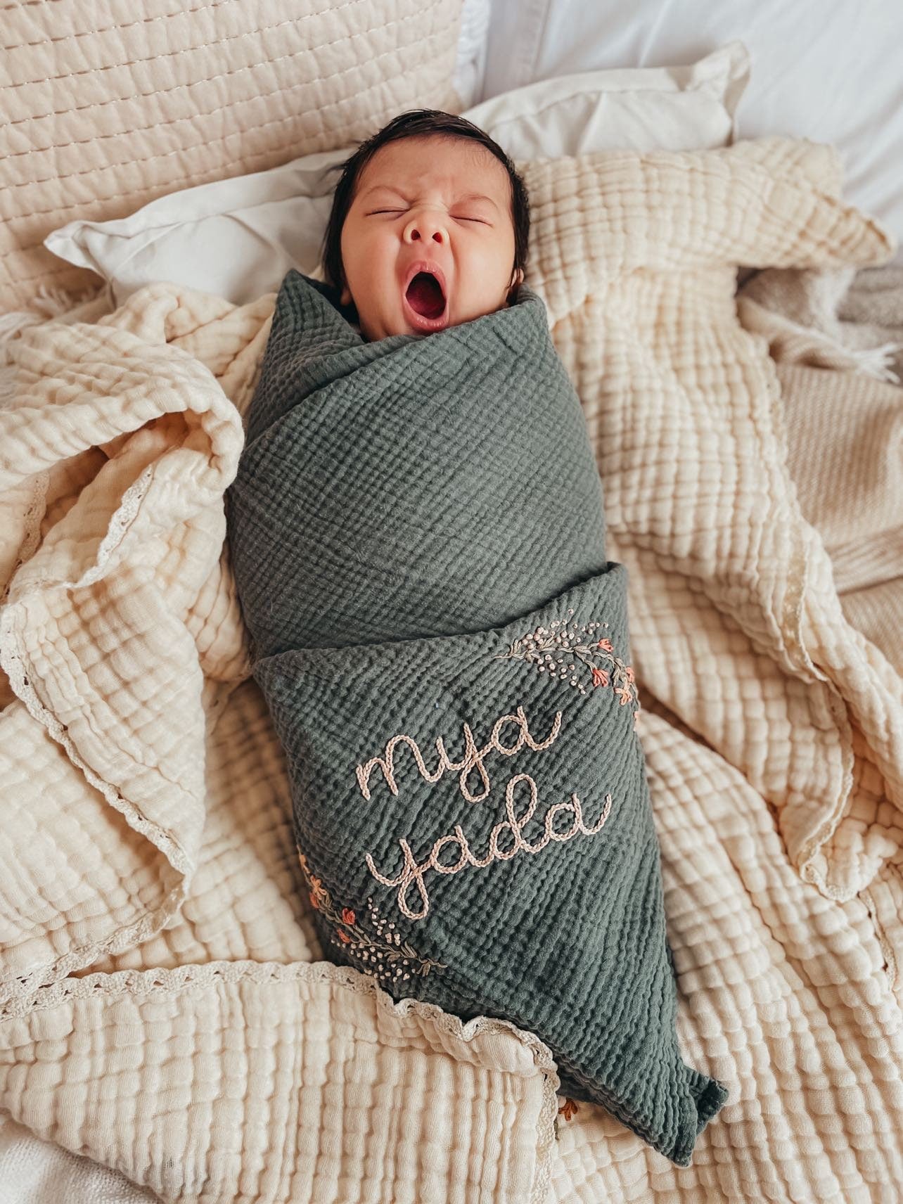 Personalized Hand Embroidered Baby Swaddle Blanket with Name and Floral Spray - Cotton Muslin