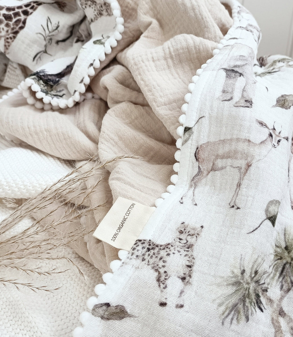 Personalized Organic Muslin Baby Blanket, Safari Animals, Swaddle