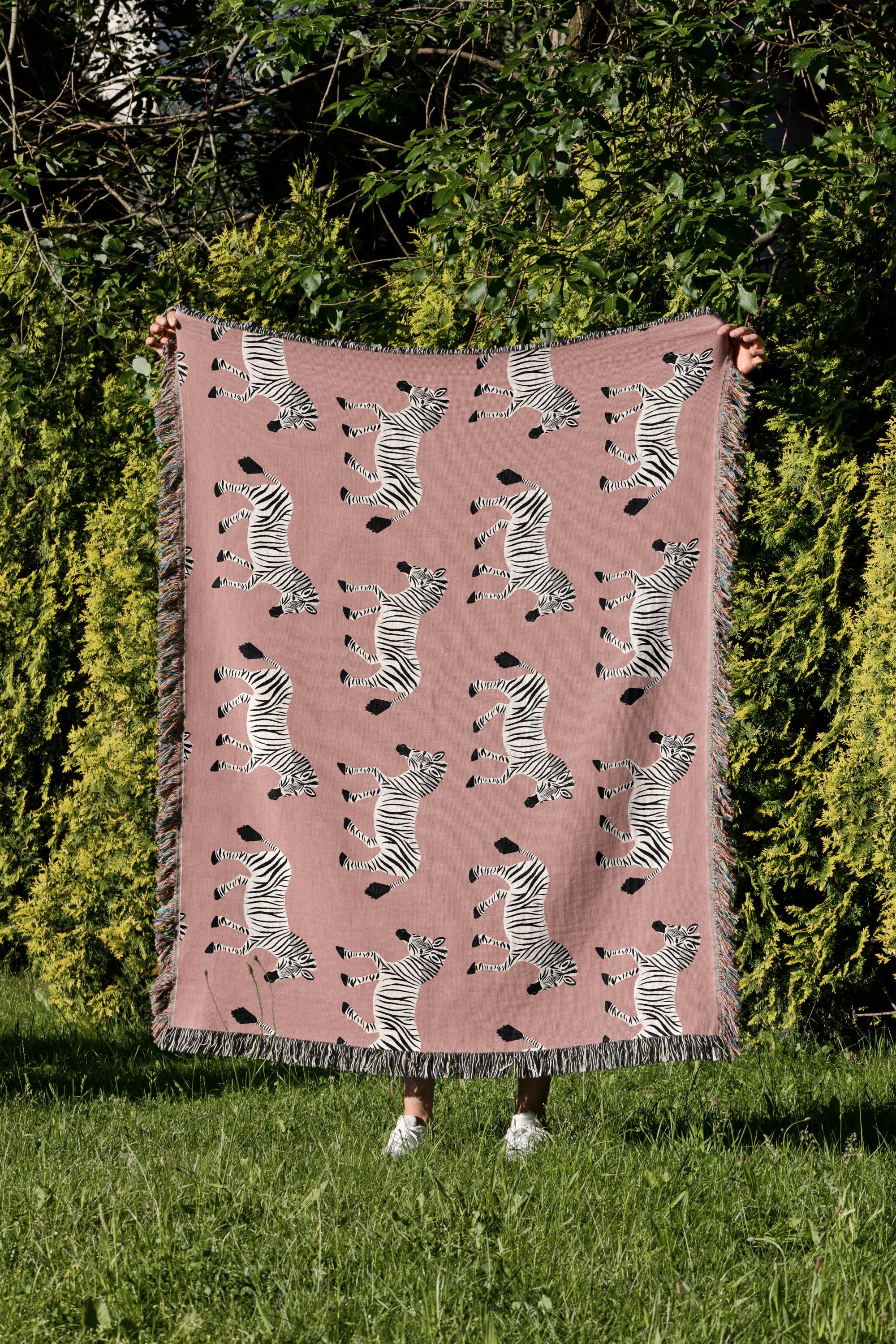 Cotton Woven Blanket, Zebra Parade, Black and White on Candy Pink, Safari Animals, Kids Room, Baby Nursery Decor, Animal Print, Fringe Throw