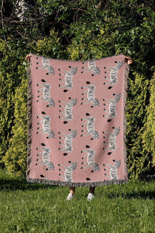 Cotton Woven Blanket, Zebra Parade, Black and White on Candy Pink, Safari Animals, Kids Room, Baby Nursery Decor, Animal Print, Fringe Throw