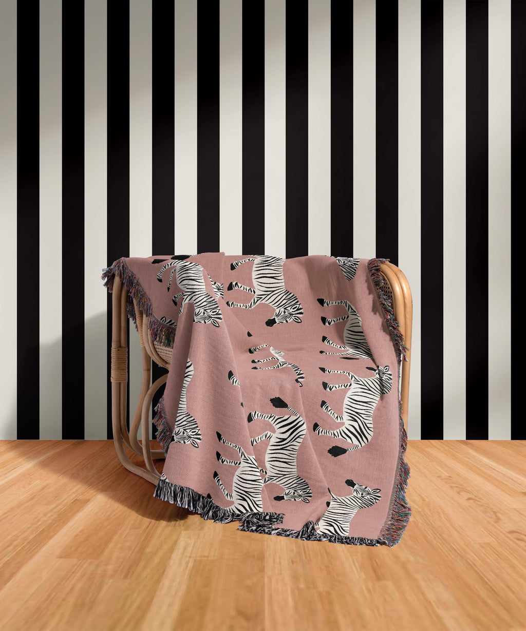 Cotton Woven Blanket, Zebra Parade, Black and White on Candy Pink, Safari Animals, Kids Room, Baby Nursery Decor, Animal Print, Fringe Throw