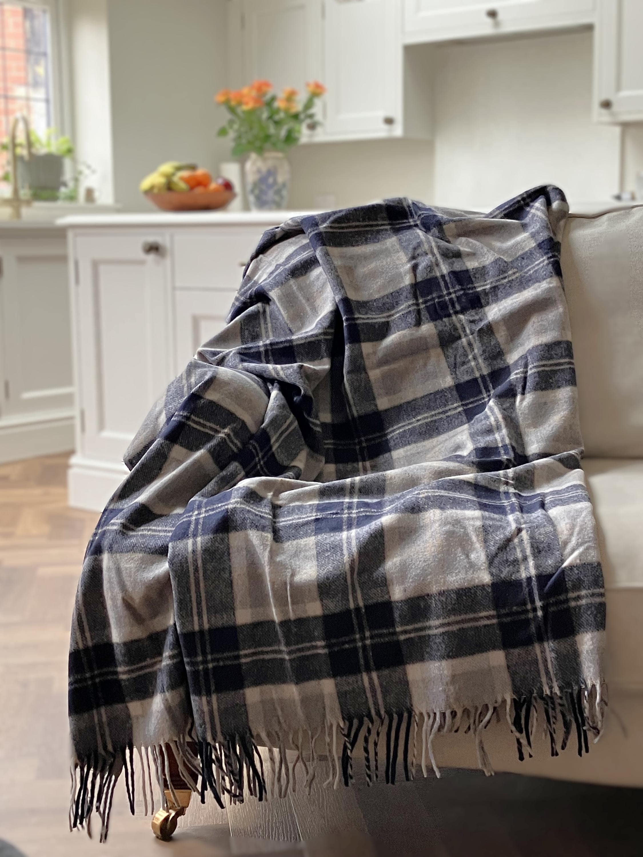 Bannockbane Silver/Dark Navy Tartan Recycled Wool Blanket/Throw by Florence Lilly