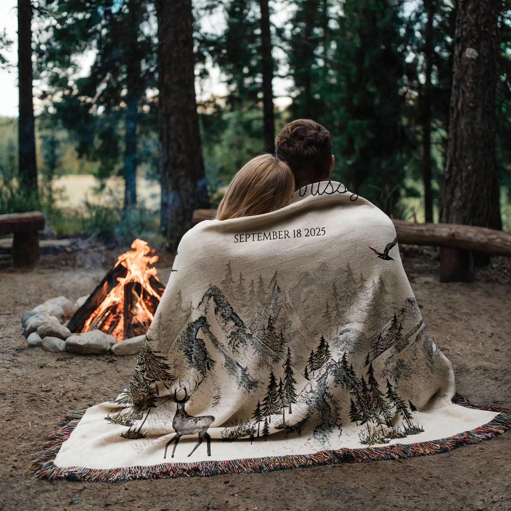 Outdoorsy Couple Blanket Nature Lovers Engagement Gift Adventure Couples Anniversary Personalized Mountain Woven Cotton Fringe Throw Blanket