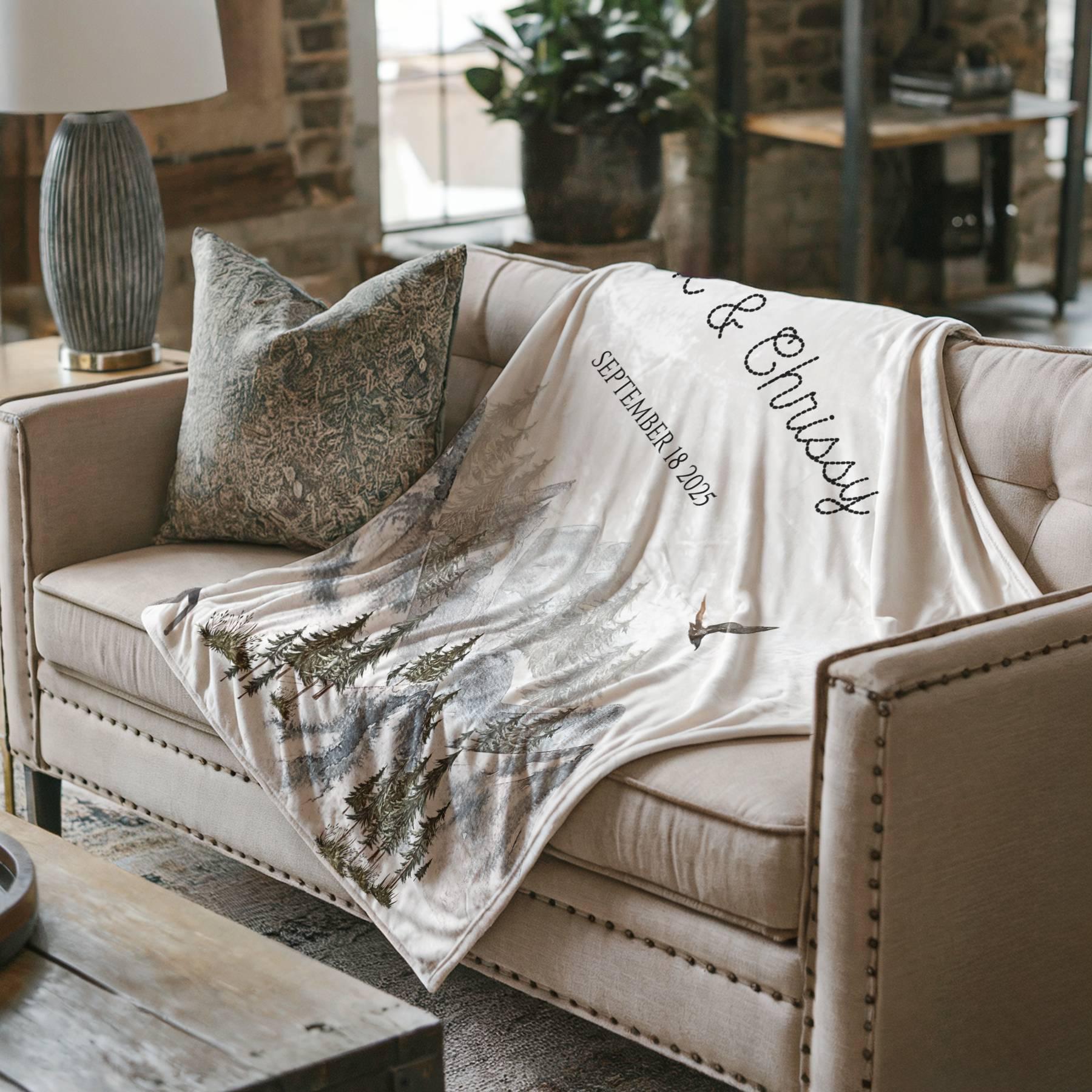 Outdoorsy Couple Blanket Nature Lovers Engagement Gift Adventure Couples Anniversary Personalized Mountain Woven Cotton Fringe Throw Blanket