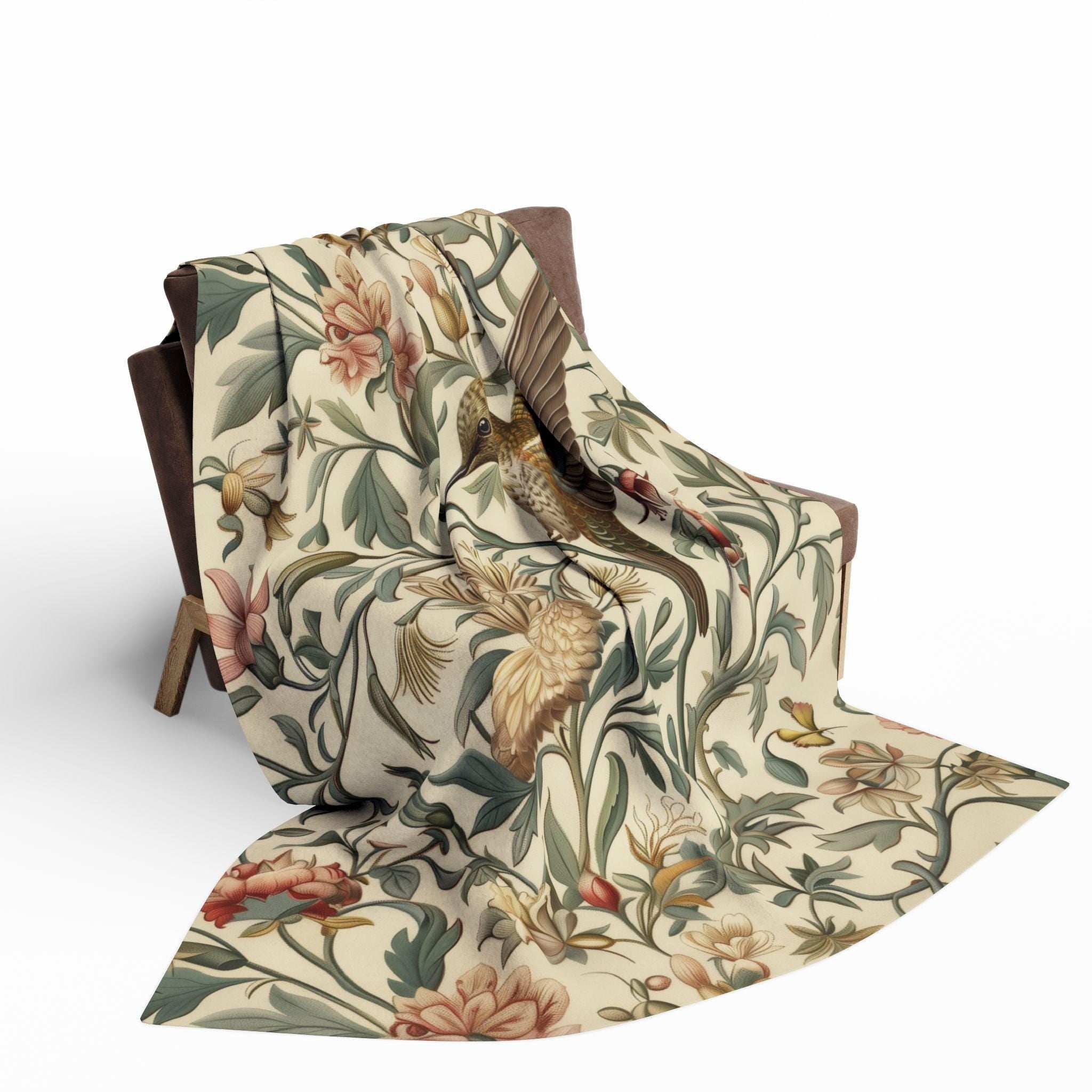 William Morris Hummingbird Throw Blanket: Vintage Style Floral Cottage Decor