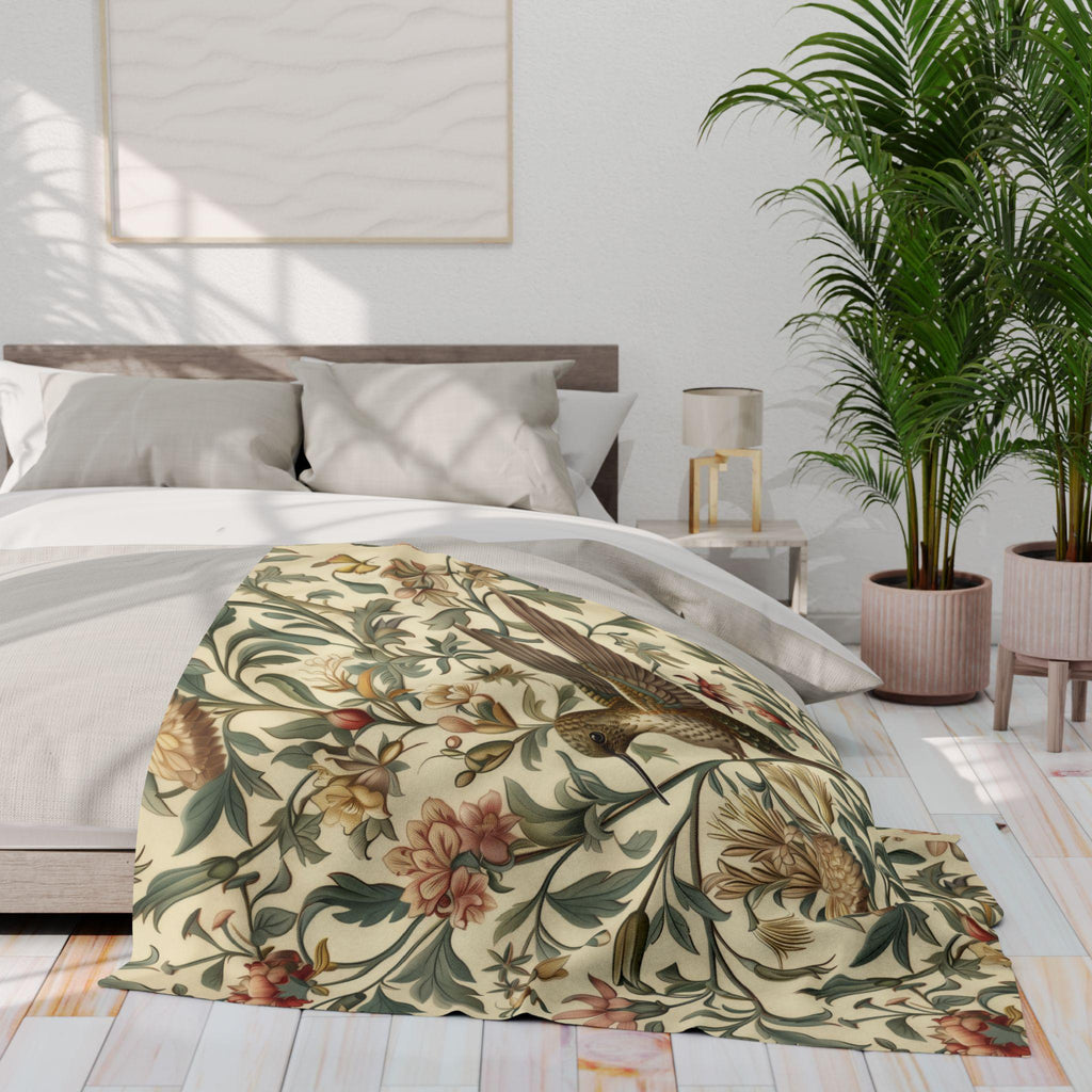 William Morris Hummingbird Throw Blanket: Vintage Style Floral Cottage Decor