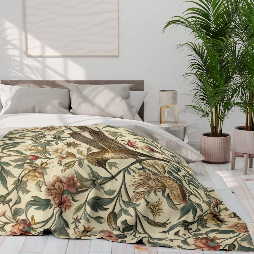 William Morris Hummingbird Throw Blanket: Vintage Style Floral Cottage Decor