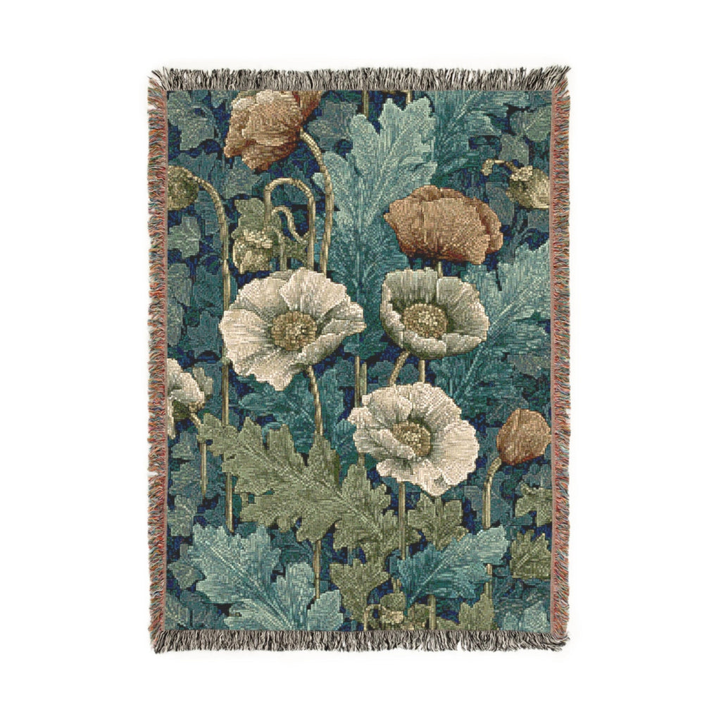William Morris Woven Blanket - Floral Poppies Tapestry, Arts and Crafts Style