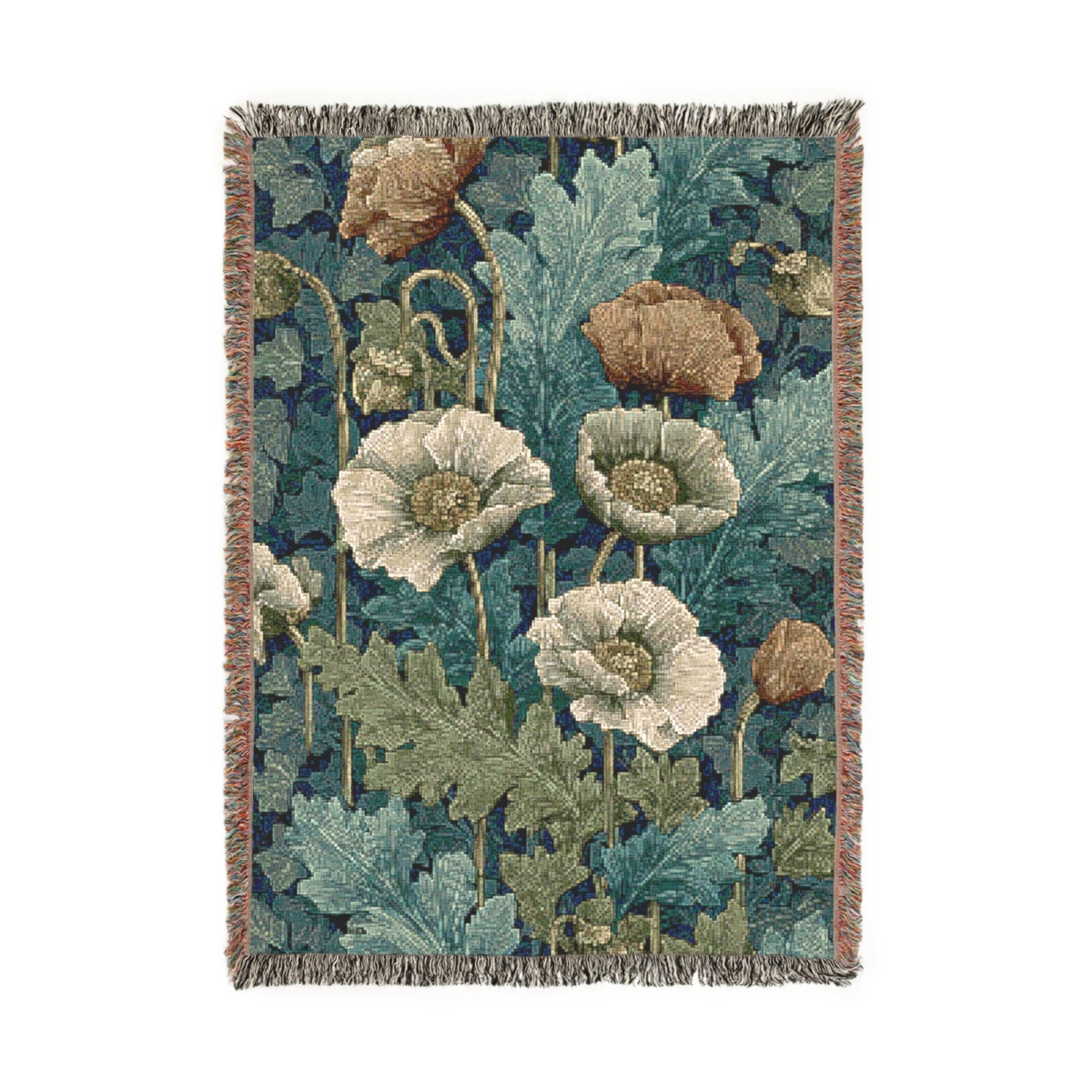 William Morris Woven Blanket - Floral Poppies Tapestry, Arts and Crafts Style