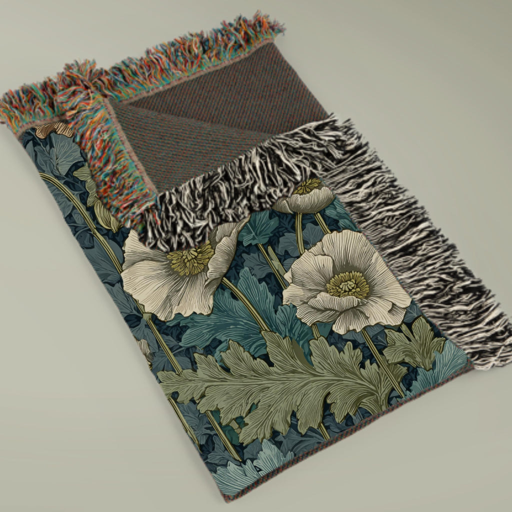 William Morris Woven Blanket - Floral Poppies Tapestry, Arts and Crafts Style