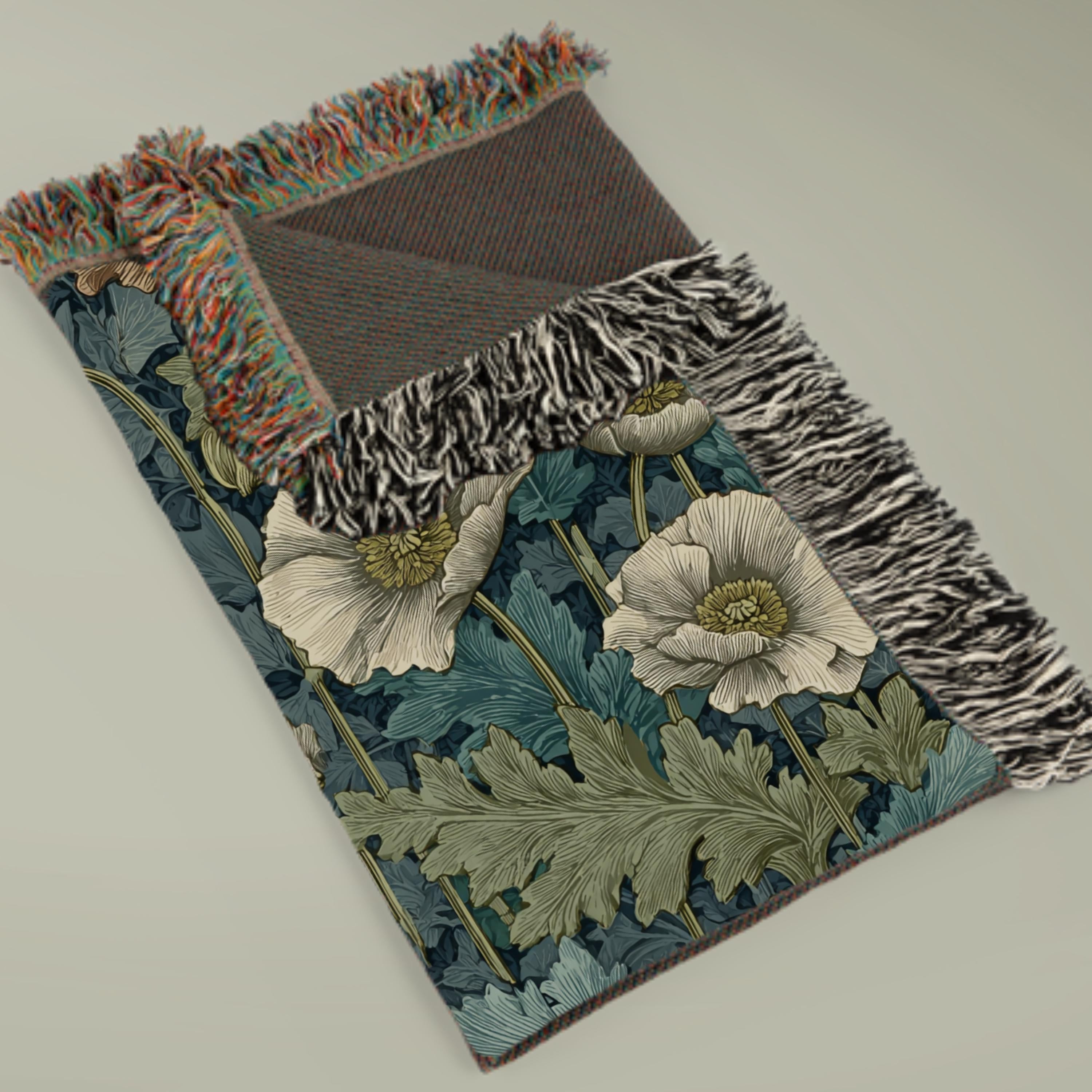 William Morris Woven Blanket - Floral Poppies Tapestry, Arts and Crafts Style