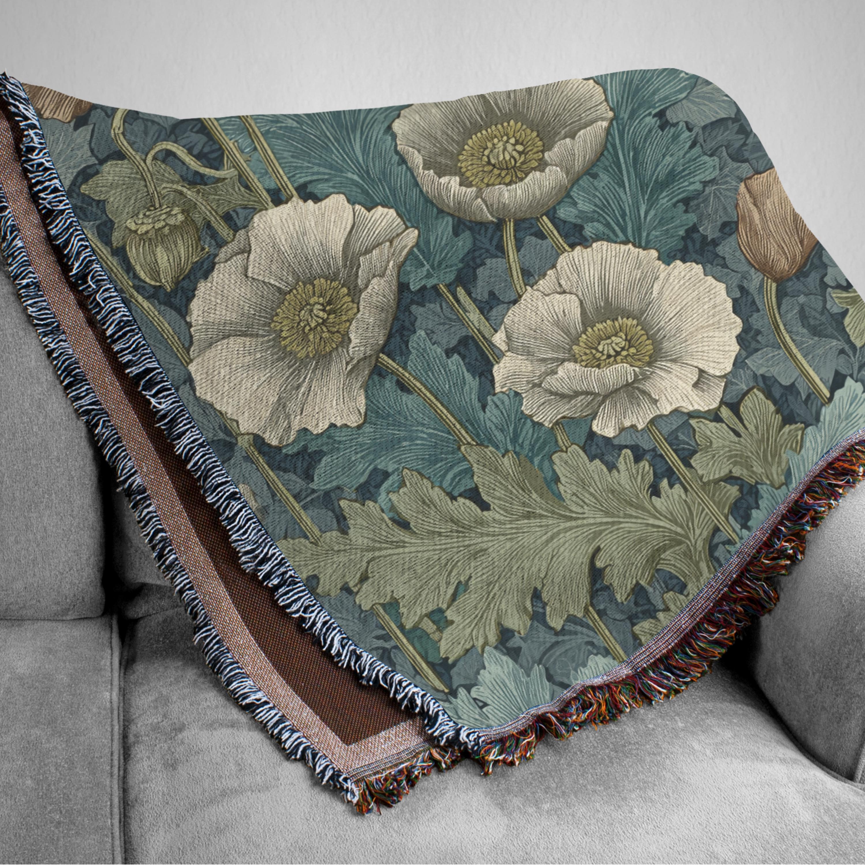 William Morris Woven Blanket - Floral Poppies Tapestry, Arts and Crafts Style