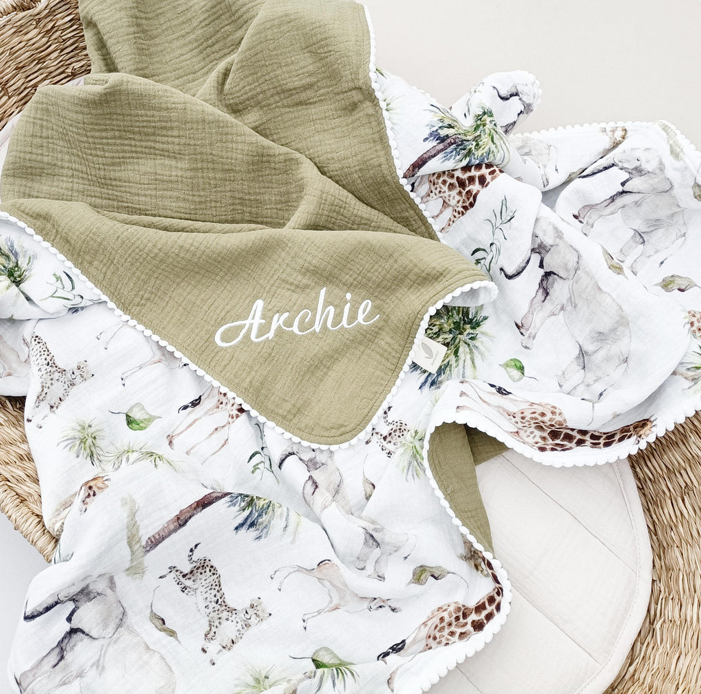 Personalized Organic Muslin Baby Blanket, Safari Animals, Swaddle