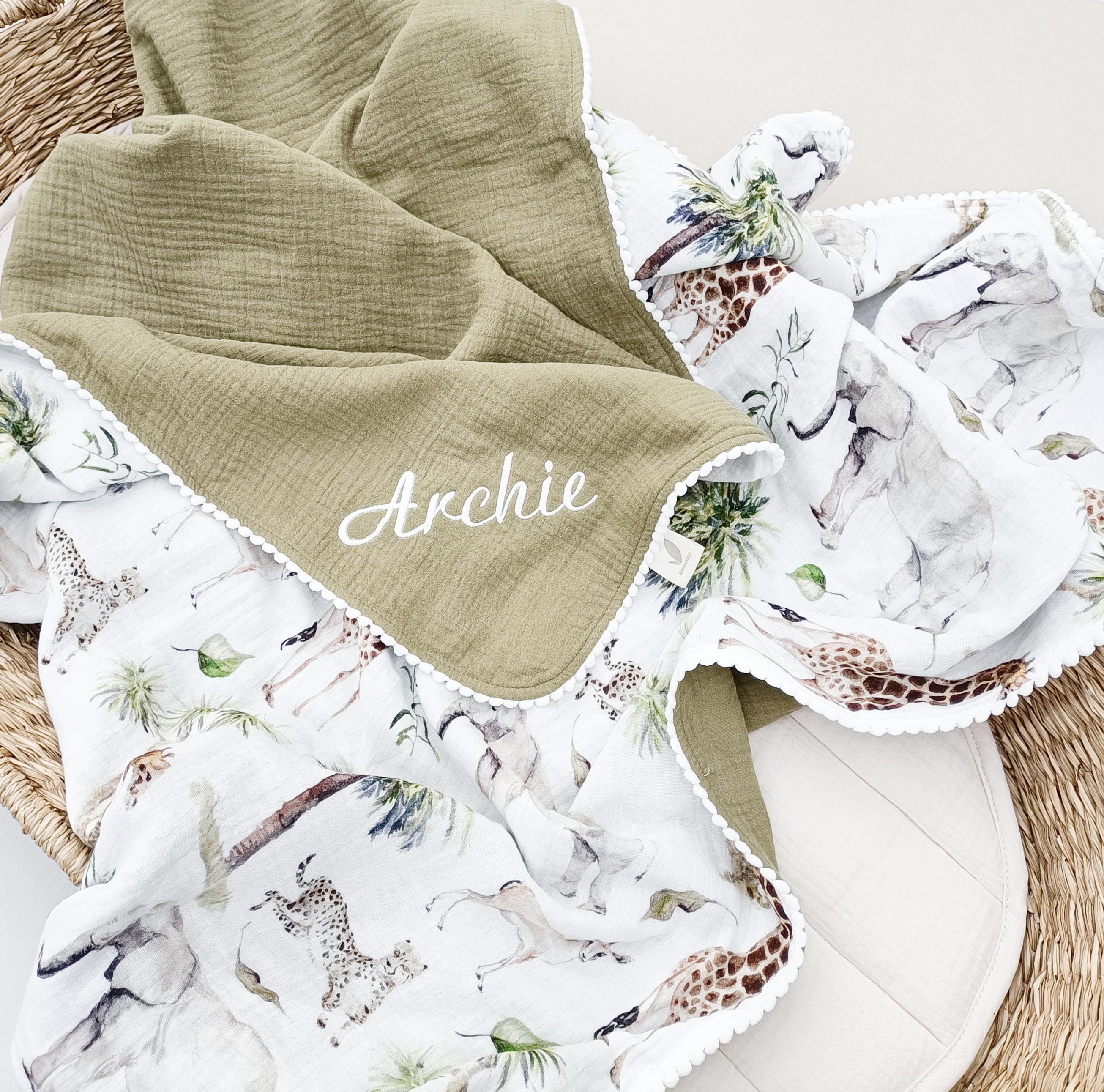 Personalized Organic Muslin Baby Blanket, Safari Animals, Swaddle