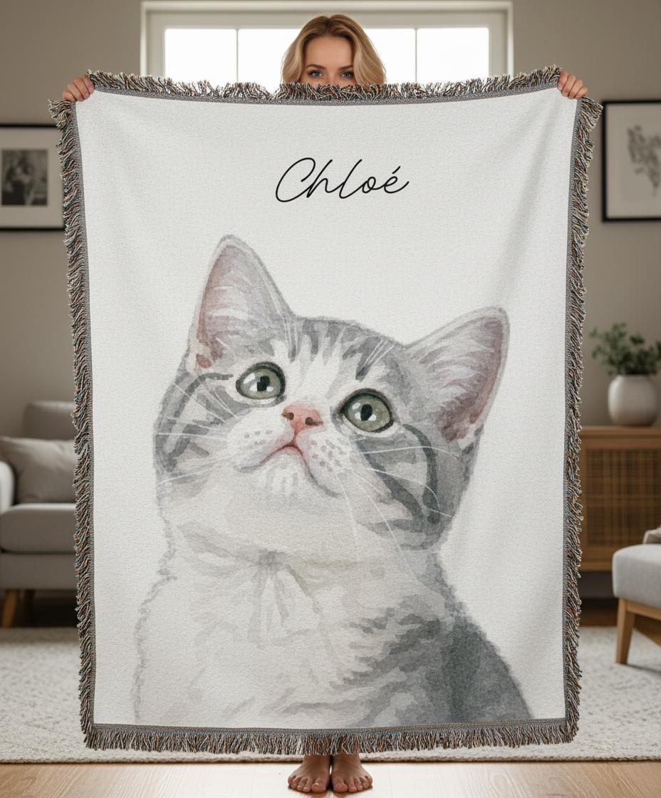 Pet Photo Tapestry Blanket with Custom Name: Personalized Cat and Dog Photo with Water Color Effect, Throw for Cat Moms and Dog Lovers