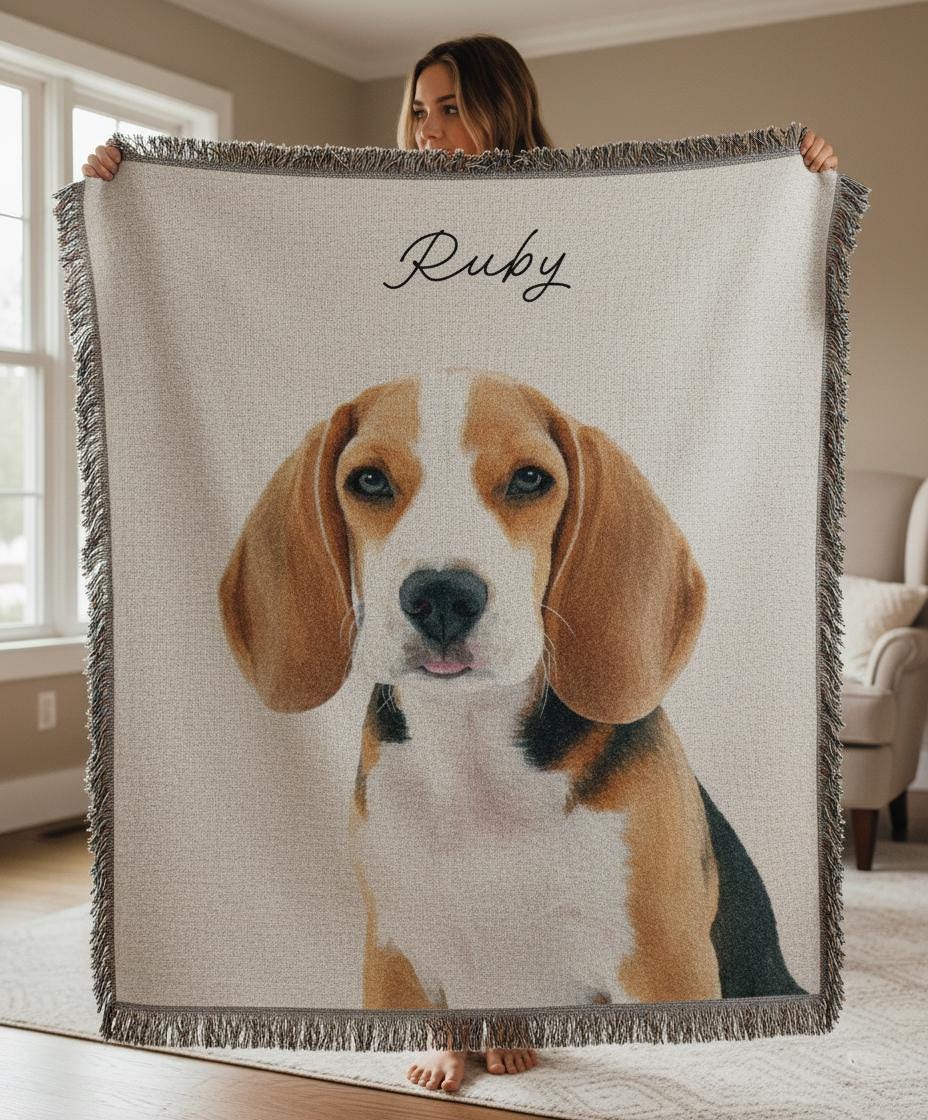Pet Photo Tapestry Blanket with Custom Name: Personalized Cat and Dog Photo with Water Color Effect, Throw for Cat Moms and Dog Lovers