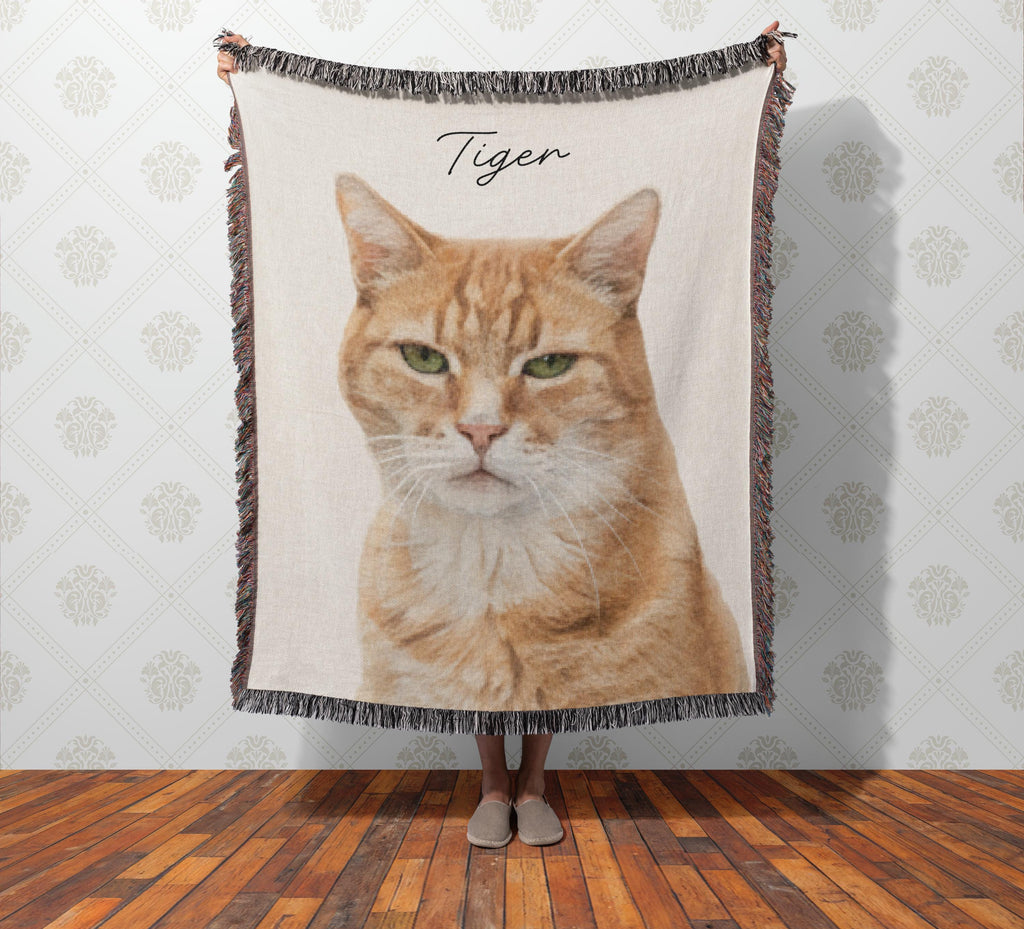Pet Photo Tapestry Blanket with Custom Name: Personalized Cat and Dog Photo with Water Color Effect, Throw for Cat Moms and Dog Lovers
