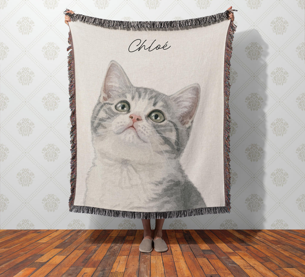 Pet Photo Tapestry Blanket with Custom Name: Personalized Cat and Dog Photo with Water Color Effect, Throw for Cat Moms and Dog Lovers
