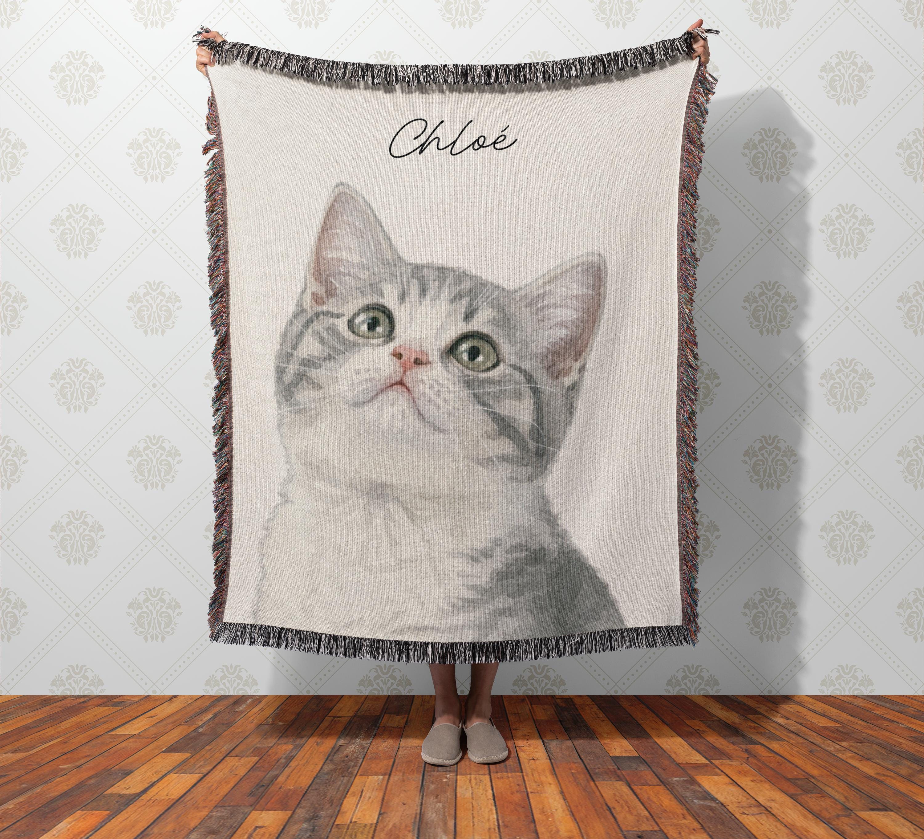 Pet Photo Tapestry Blanket with Custom Name: Personalized Cat and Dog Photo with Water Color Effect, Throw for Cat Moms and Dog Lovers