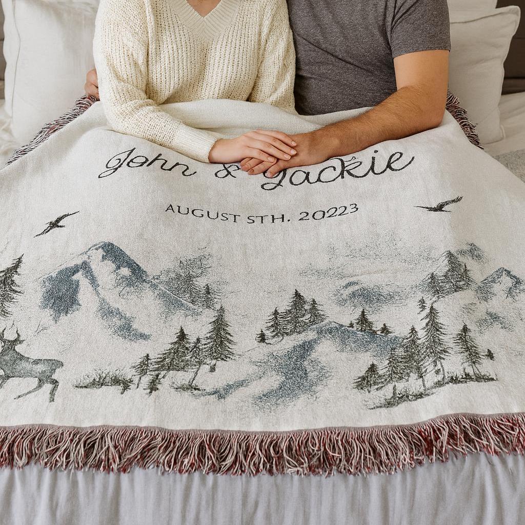Outdoorsy Couple Blanket Nature Lovers Engagement Gift Adventure Couples Anniversary Personalized Mountain Woven Cotton Fringe Throw Blanket