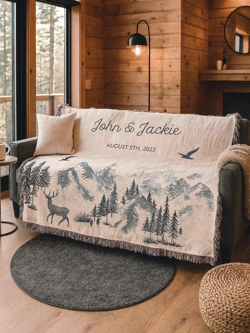 Outdoorsy Couple Blanket Nature Lovers Engagement Gift Adventure Couples Anniversary Personalized Mountain Woven Cotton Fringe Throw Blanket