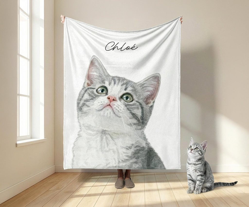 Pet Photo Tapestry Blanket with Custom Name: Personalized Cat and Dog Photo with Water Color Effect, Throw for Cat Moms and Dog Lovers