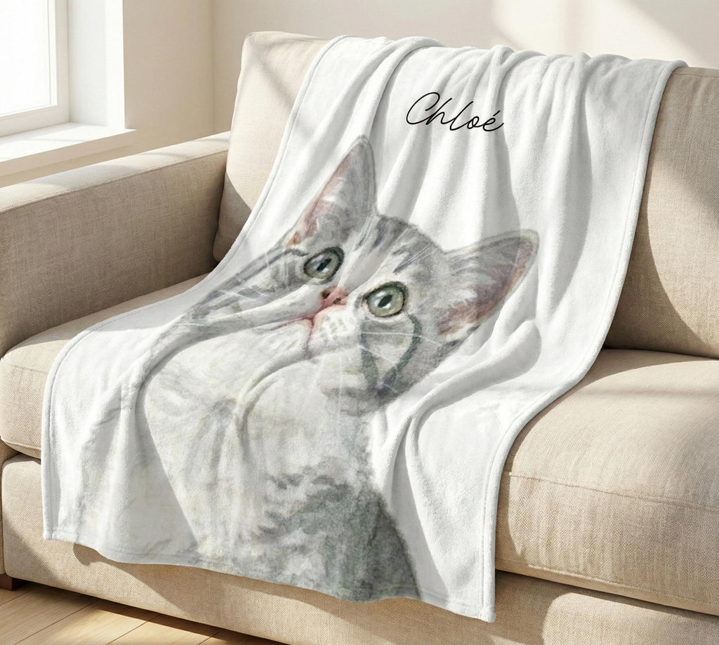 Pet Photo Tapestry Blanket with Custom Name: Personalized Cat and Dog Photo with Water Color Effect, Throw for Cat Moms and Dog Lovers