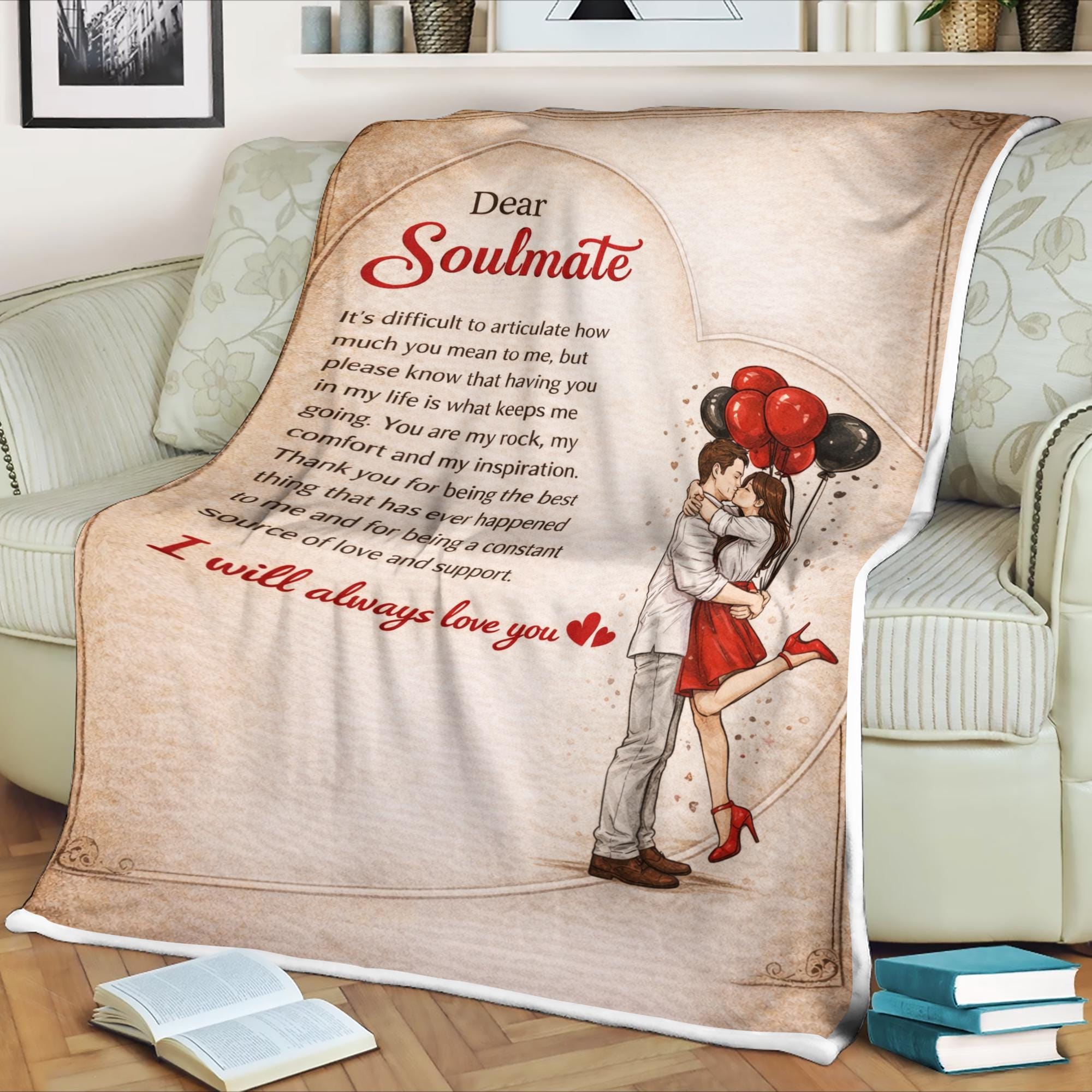 Vintage Love Letter,Personalized Gift,Dear Soulmate Fleece Blanket,Romantic Love Quote Blanket,Gift for Couples, Anniversary Valentine Gift
