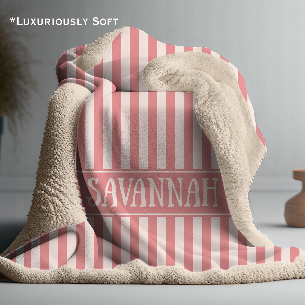 Personalized Name Blanket for Kids, Children's Striped Custom Sherpa Throw, Cozy Soft Trendy Pink Stripe Bedding, Home Decor
