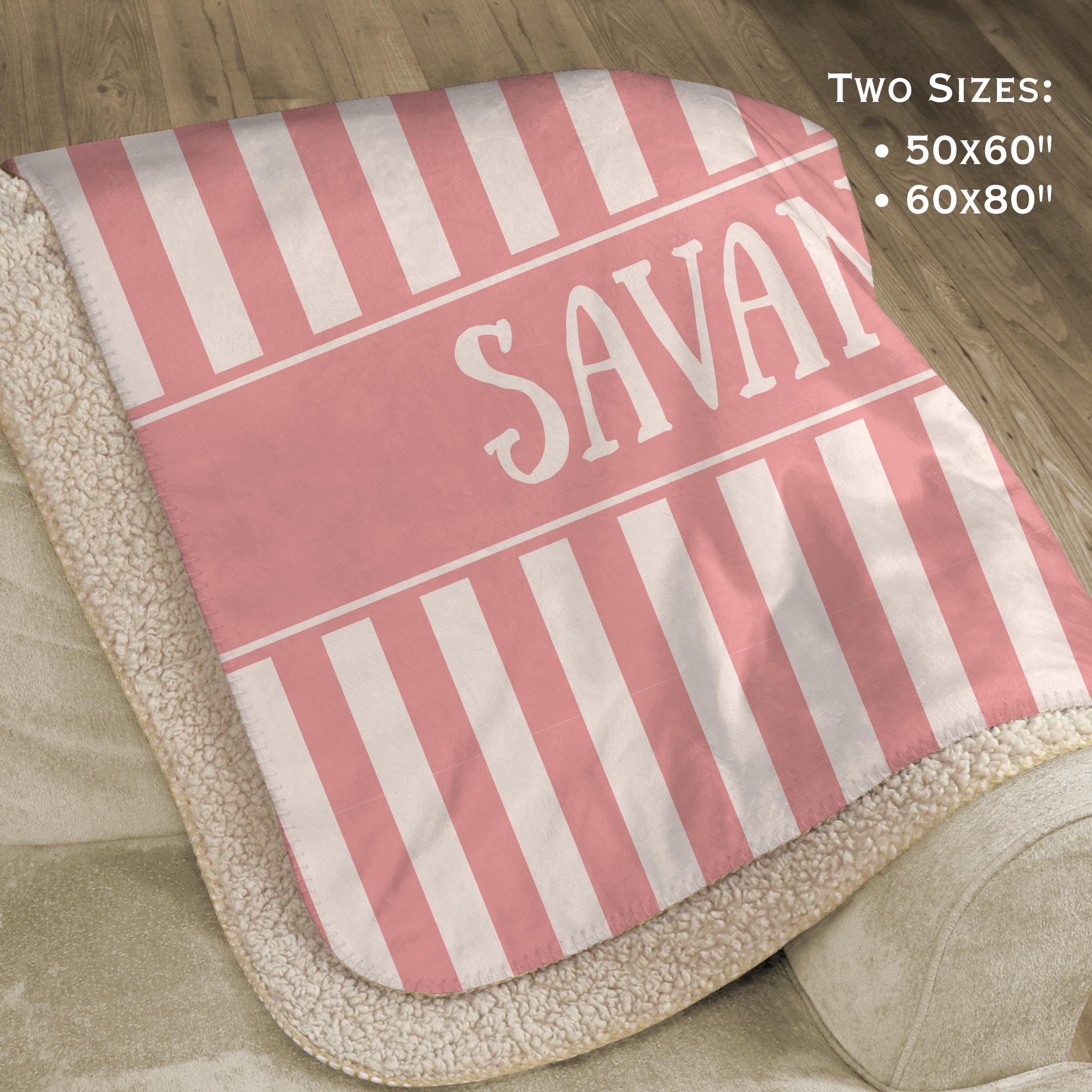 Personalized Name Blanket for Kids, Children's Striped Custom Sherpa Throw, Cozy Soft Trendy Pink Stripe Bedding, Home Decor