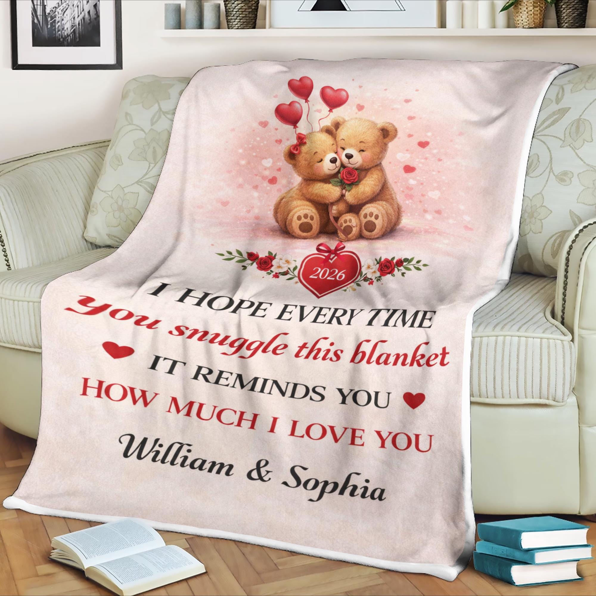 Personalized Anniversary Fleece Blanket, Romantic Couple Gift, I Hope Every Time You Snuggle This Blanket, Cute Teddy Bear Love Blanket