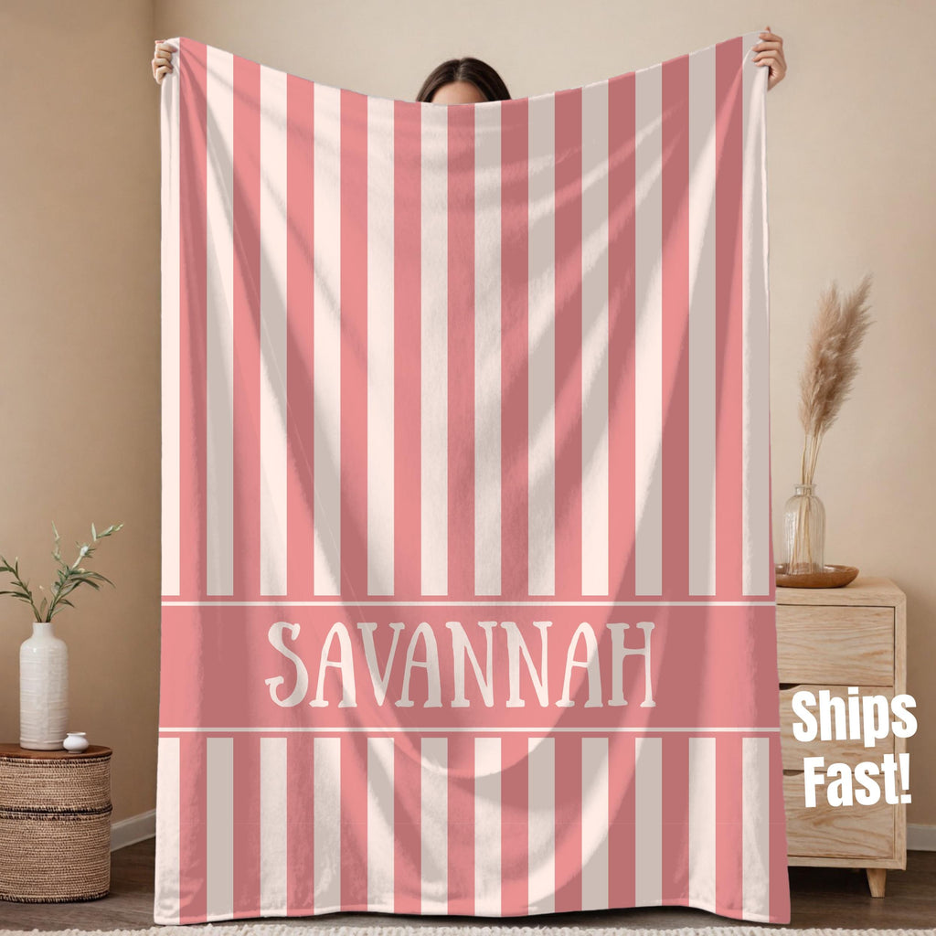 Personalized Name Blanket for Kids, Children's Striped Custom Sherpa Throw, Cozy Soft Trendy Pink Stripe Bedding, Home Decor