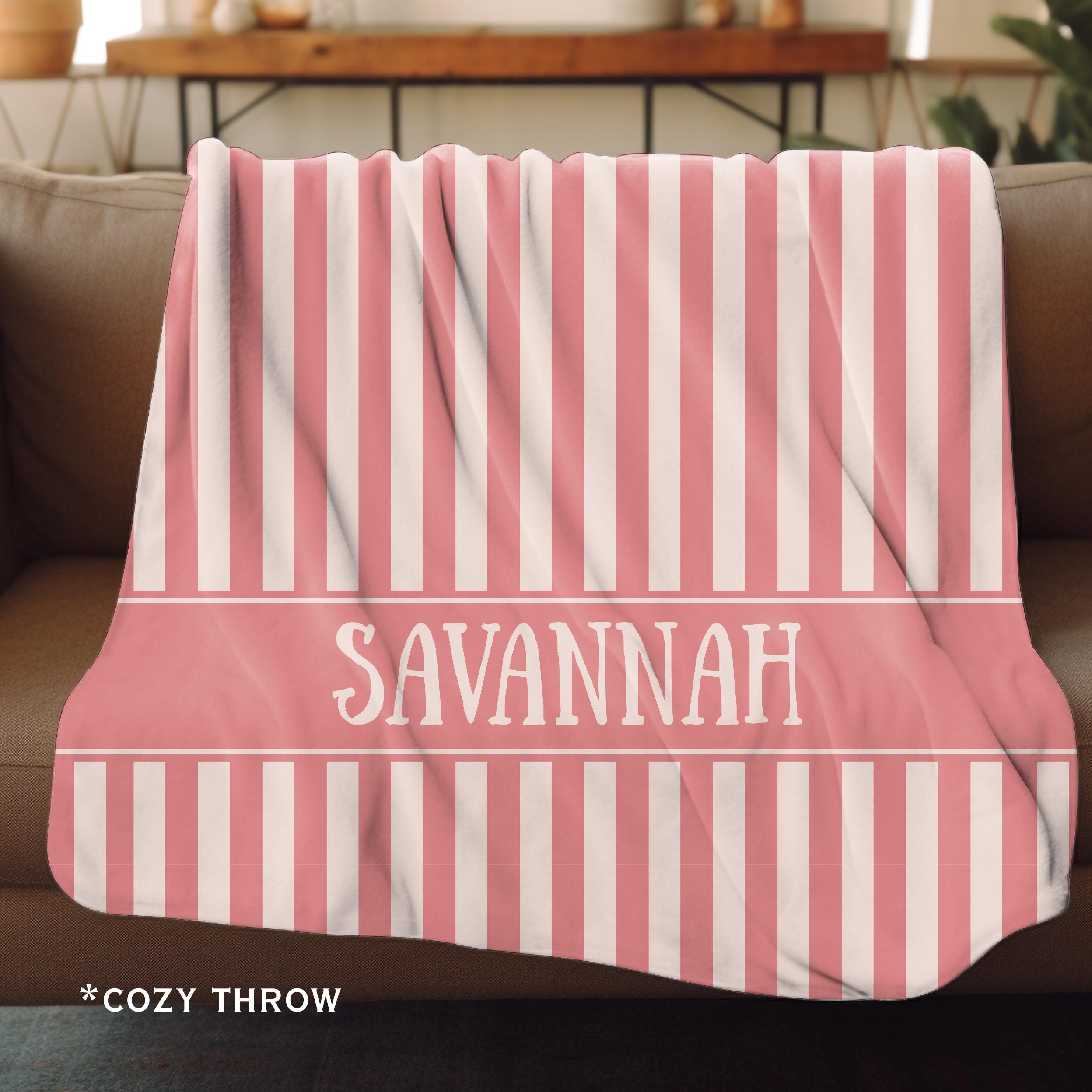 Personalized Name Blanket for Kids, Children's Striped Custom Sherpa Throw, Cozy Soft Trendy Pink Stripe Bedding, Home Decor
