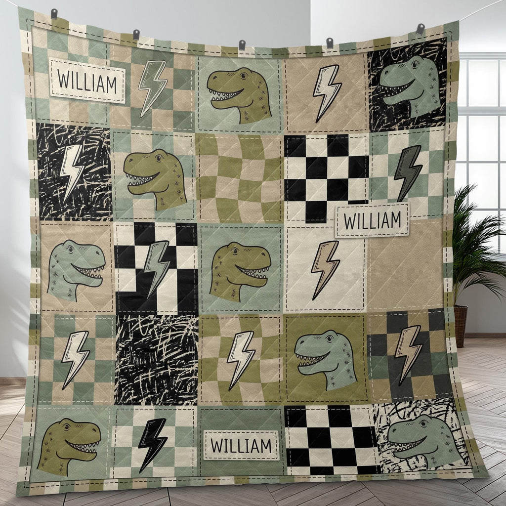 Personalized Quilt Blanket: Dinosaur Throw, Name Custom Checkered