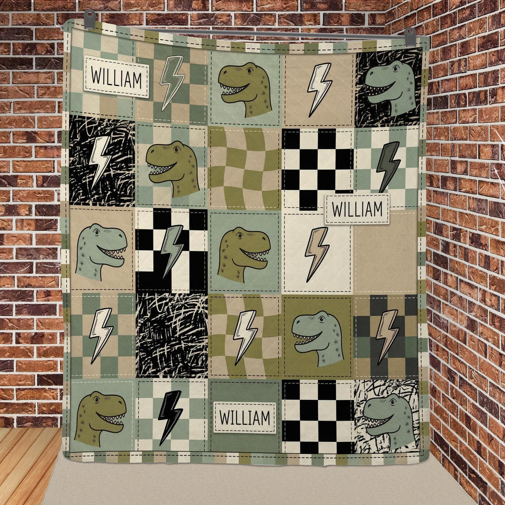 Personalized Quilt Blanket: Dinosaur Throw, Name Custom Checkered