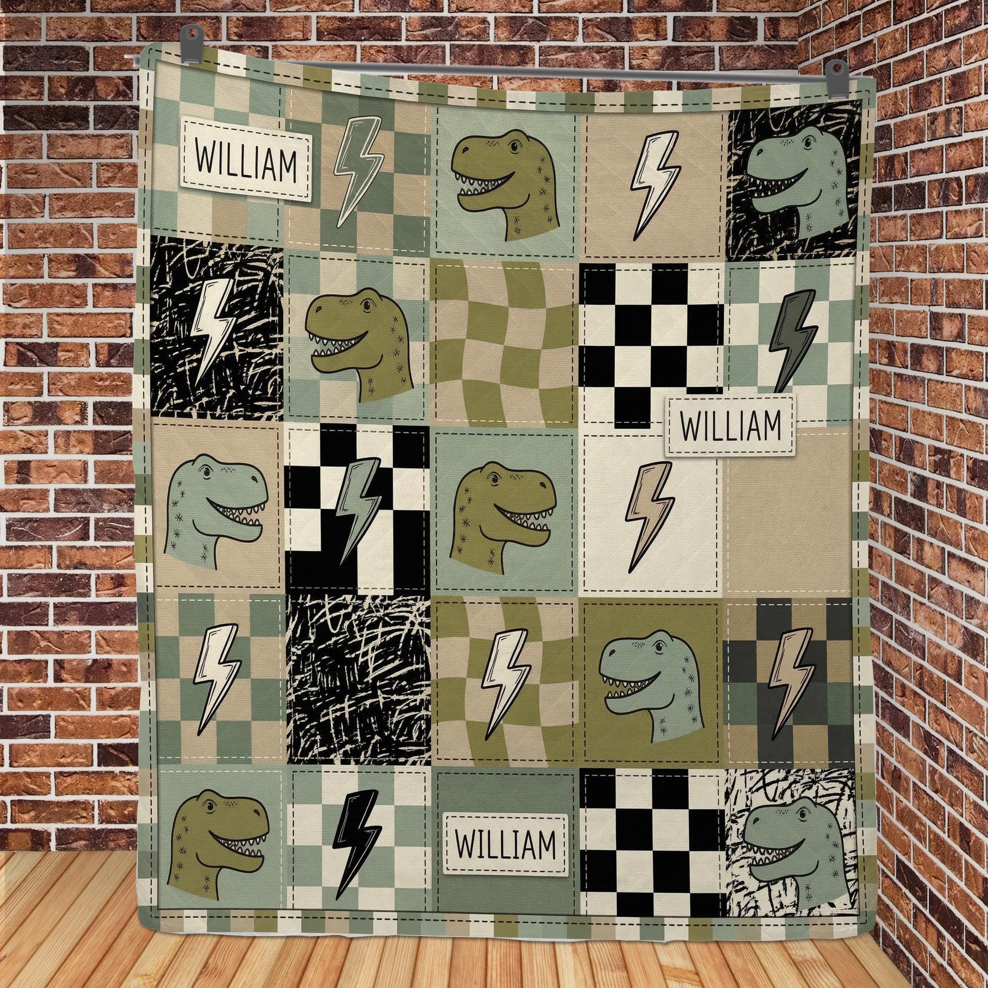 Personalized Quilt Blanket: Dinosaur Throw, Name Custom Checkered