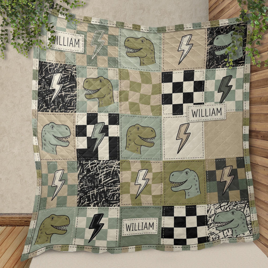 Personalized Quilt Blanket: Dinosaur Throw, Name Custom Checkered