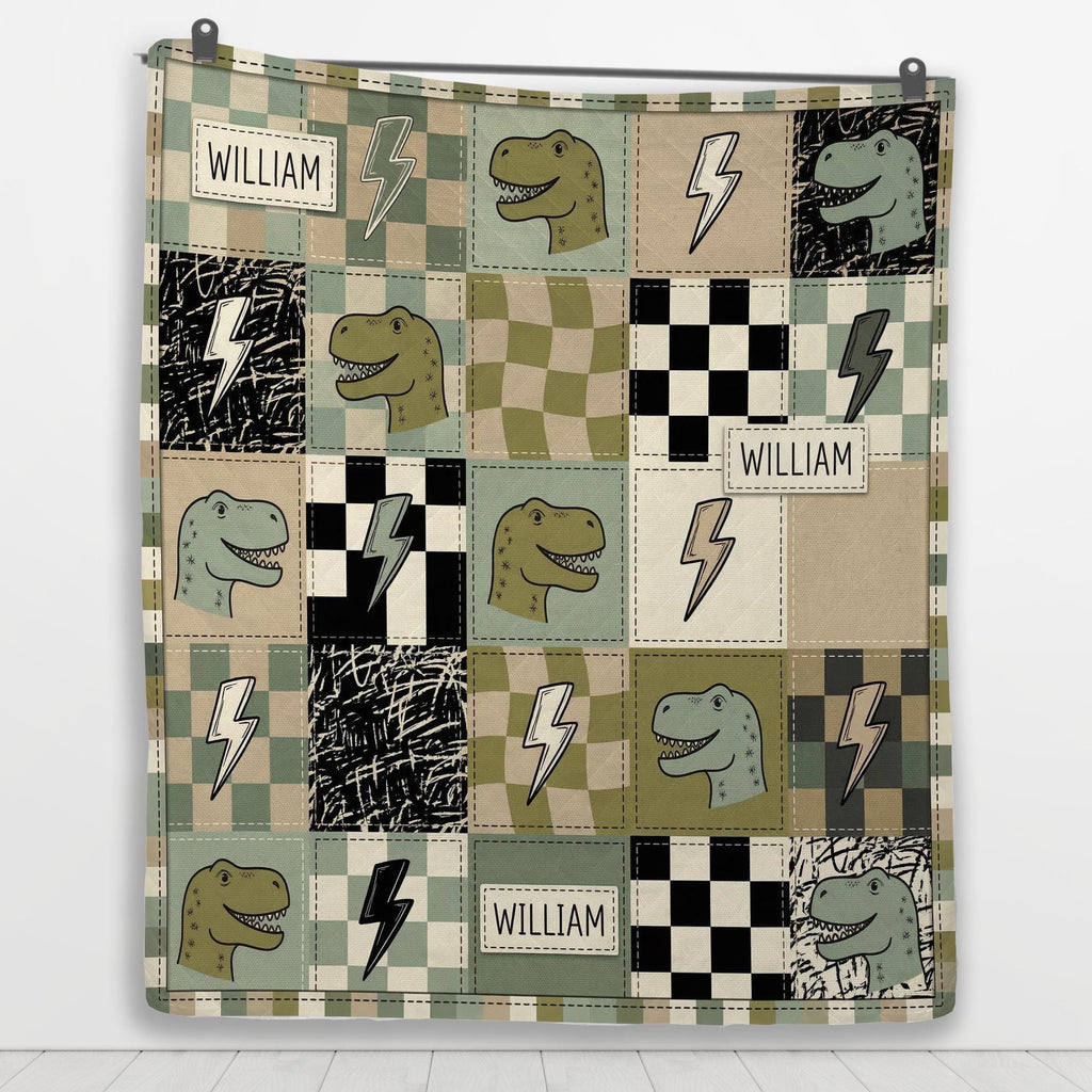 Personalized Quilt Blanket: Dinosaur Throw, Name Custom Checkered