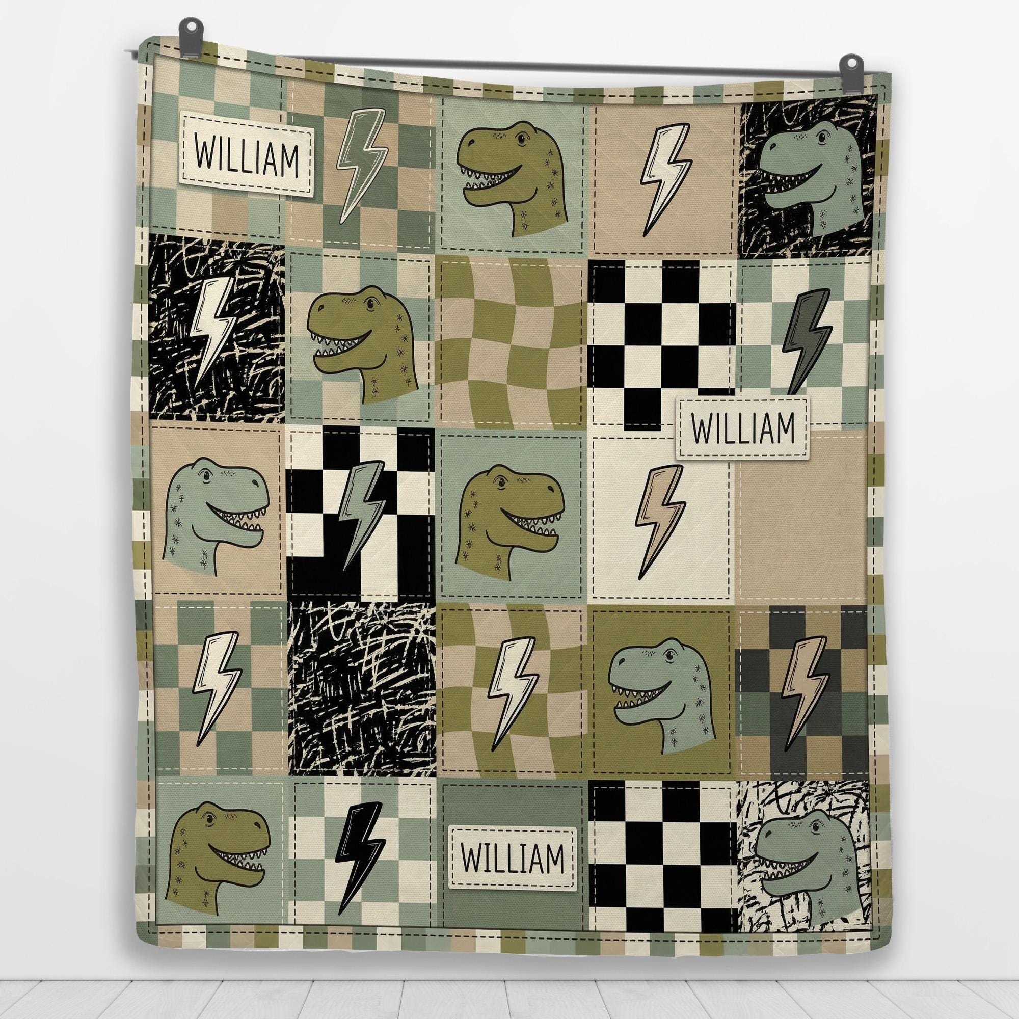 Personalized Quilt Blanket: Dinosaur Throw, Name Custom Checkered